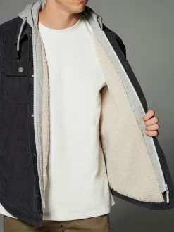 Jassen En Jacks|Next - Hooded Corduroy Borg Lined Shacket Zwart