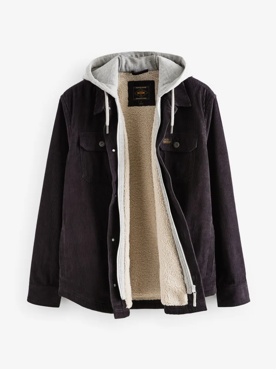 Jassen En Jacks|Next - Hooded Corduroy Borg Lined Shacket Zwart