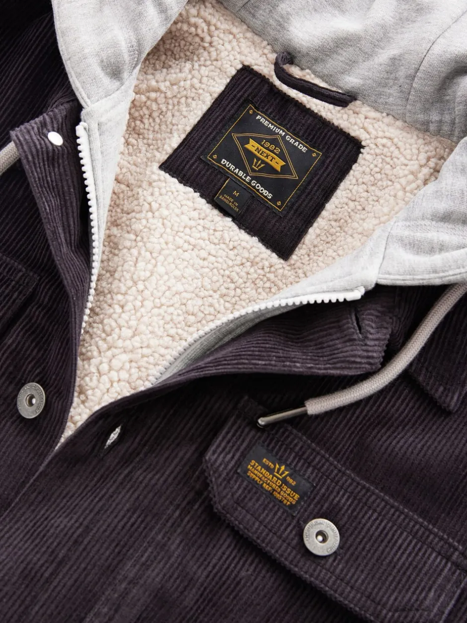 Jassen En Jacks|Next - Hooded Corduroy Borg Lined Shacket Zwart