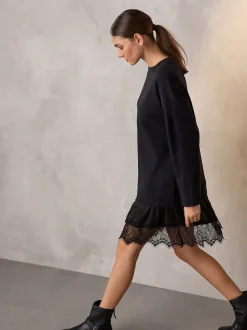 Gebreide Kleding|Jurken*Next - 2-In-1 Zacht aanvoelende trui met kanten rok Zwart