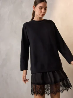 Gebreide Kleding|Jurken*Next - 2-In-1 Zacht aanvoelende trui met kanten rok Zwart