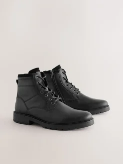 Boots|Next - Leren borggevoerde laarzen met rits Zwart