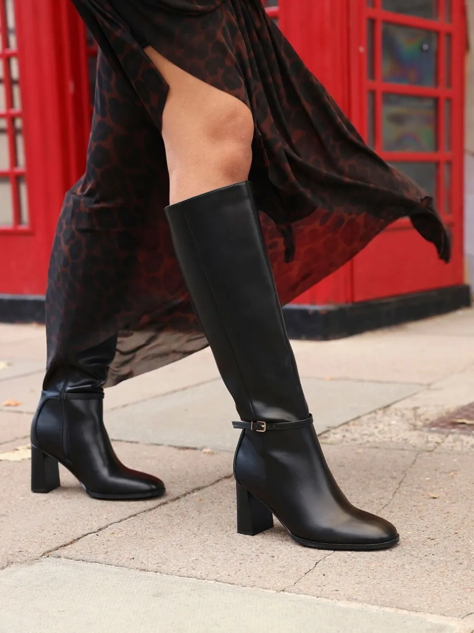 Boots|Linzi - Midtown Block Heel High Leg Boots With Buckle Detail Zwart