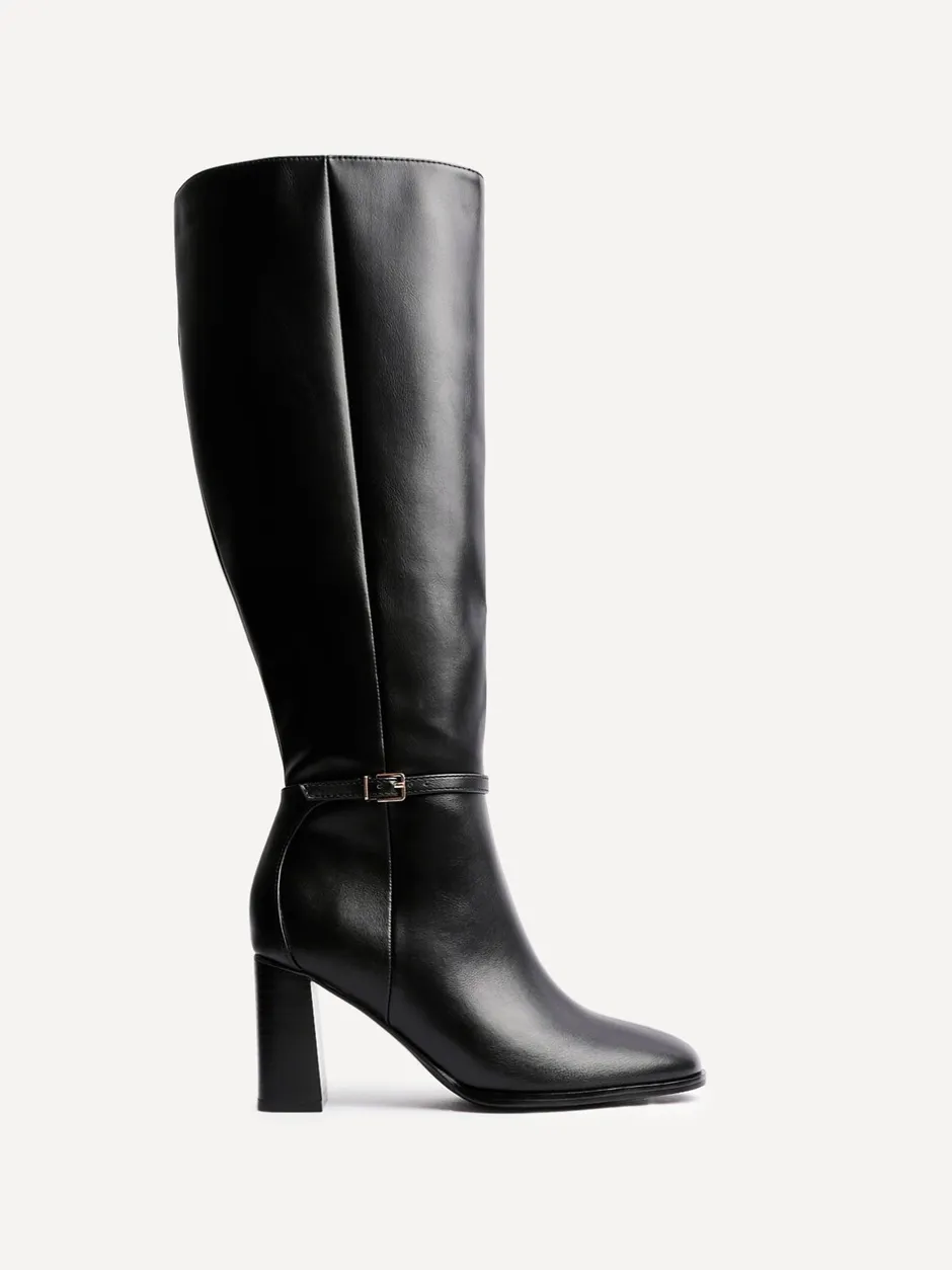 Boots|Linzi - Midtown Block Heel High Leg Boots With Buckle Detail Zwart