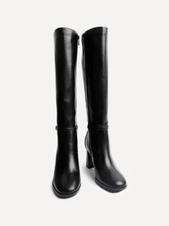 Boots|Linzi - Midtown Block Heel High Leg Boots With Buckle Detail Zwart
