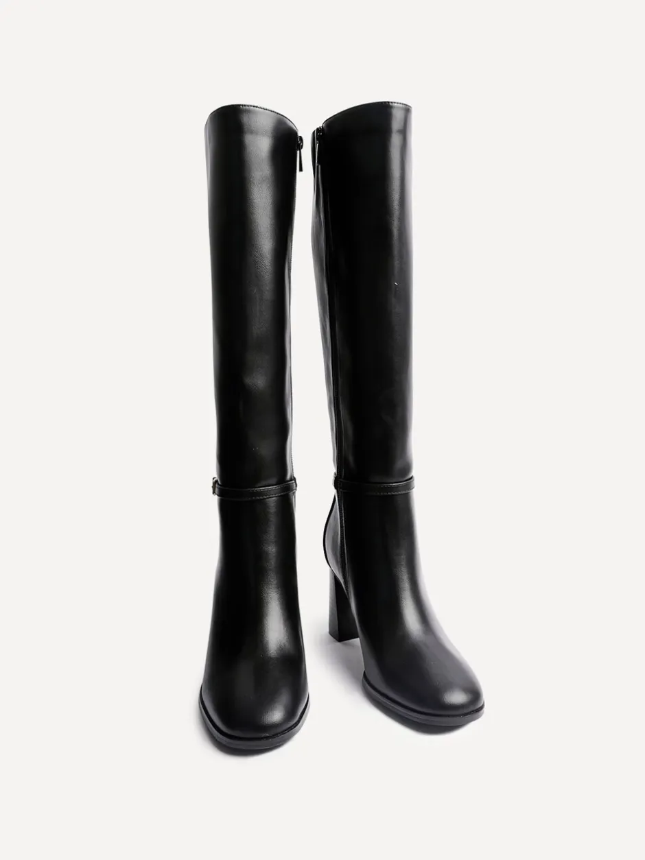 Boots|Linzi - Midtown Block Heel High Leg Boots With Buckle Detail Zwart