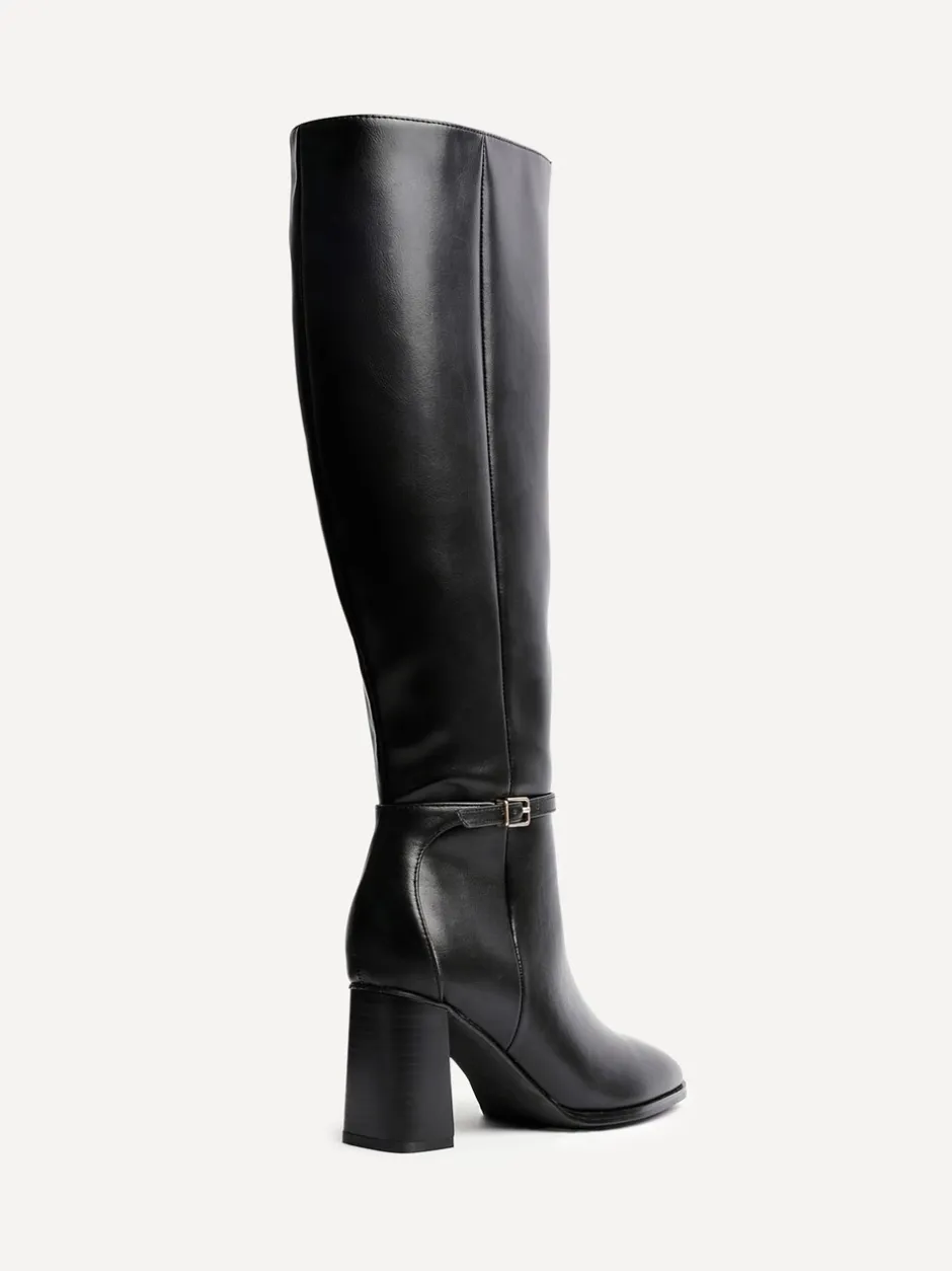 Boots|Linzi - Midtown Block Heel High Leg Boots With Buckle Detail Zwart