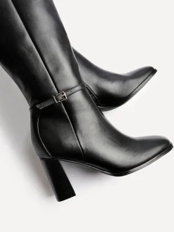 Boots|Linzi - Midtown Block Heel High Leg Boots With Buckle Detail Zwart