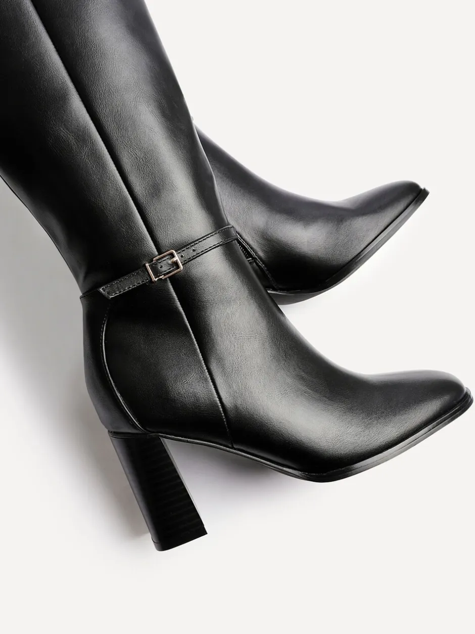 Boots|Linzi - Midtown Block Heel High Leg Boots With Buckle Detail Zwart