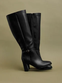 Boots|Linzi - Midtown Block Heel High Leg Boots With Buckle Detail Zwart