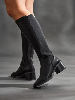 Boots|Linzi - Reason Block Heel High Leg Boots With Back Stretch Panel Zwart