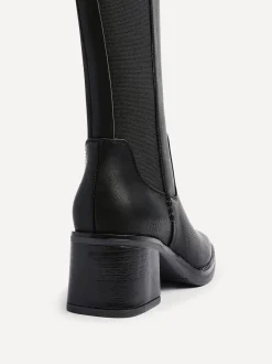 Boots|Linzi - Reason Block Heel High Leg Boots With Back Stretch Panel Zwart