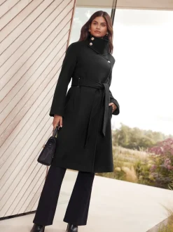 Jassen En Jacks*Lipsy - asymmetrische jas met trechterhals en riem Zwart