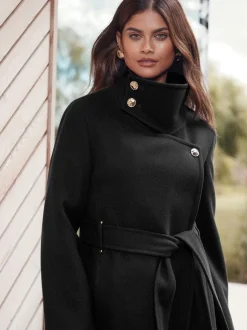 Jassen En Jacks*Lipsy - asymmetrische jas met trechterhals en riem Zwart