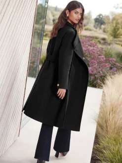 Jassen En Jacks|Lipsy - asymmetrische jas met trechterhals en riem Zwart