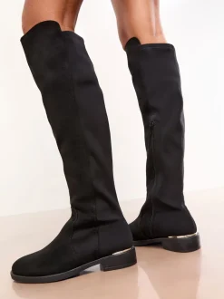 Boots*Lipsy - Faux Suede Elasticated Flat Knee High Casual Boots Zwart