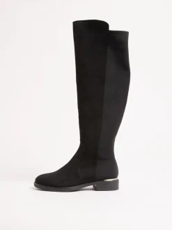 Boots*Lipsy - Faux Suede Elasticated Flat Knee High Casual Boots Zwart