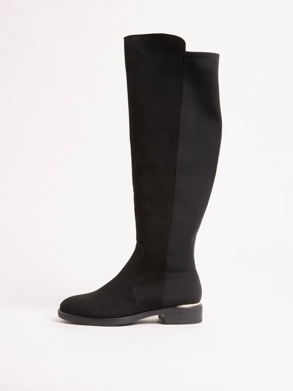 Boots*Lipsy - Faux Suede Elasticated Flat Knee High Casual Boots Zwart