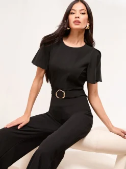 Jumpsuits En Playsuits|Lipsy - Hardware Belted Short Sleeve Jumpsuit Zwart