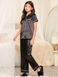 Nachtkleding En Pyjama's|Pyjama's*Lipsy Zwart - satijnen hemd en pyjamaset met lange pijpen (5-16jaar)