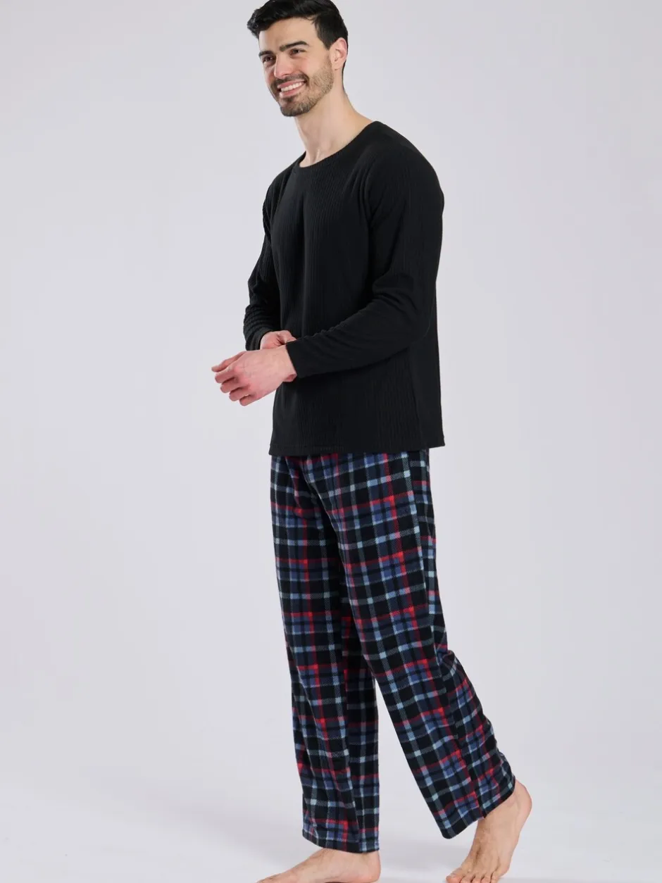 Pyjama's*Loungeable - Fleece Check Trousers Pyjama Set Zwart