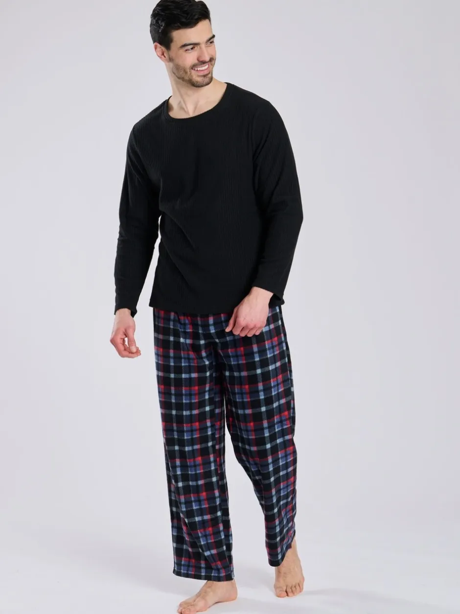 Pyjama's*Loungeable - Fleece Check Trousers Pyjama Set Zwart