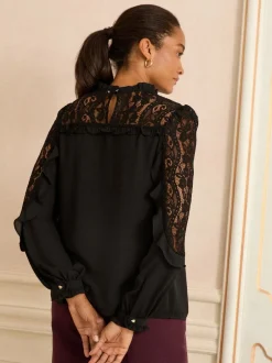 Blouses En Overhemden|Love & Roses - Crew Neck Lace Yoke Long Sleeve Blouse Zwart