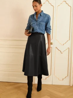 Rokken|Love & Roses - Fit en Flare imitatieleren midi-jurk Zwart