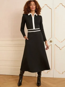 Jurken|Love & Roses - Ponte midi-jurk met contrastrand en rits aan de voorkant en lange mouwen Zwart