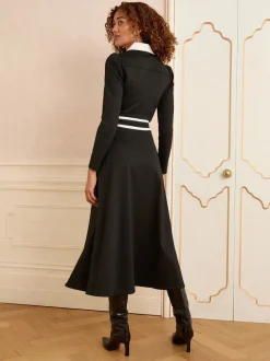 Jurken|Love & Roses - Ponte midi-jurk met contrastrand en rits aan de voorkant en lange mouwen Zwart
