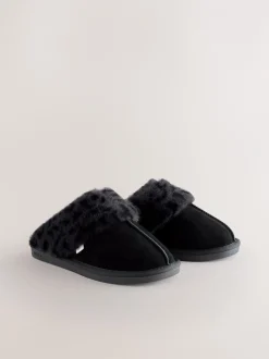 Pantoffels|Next Zwart - Met imitatiebont gevoerde suède pantoffelmuiltjes