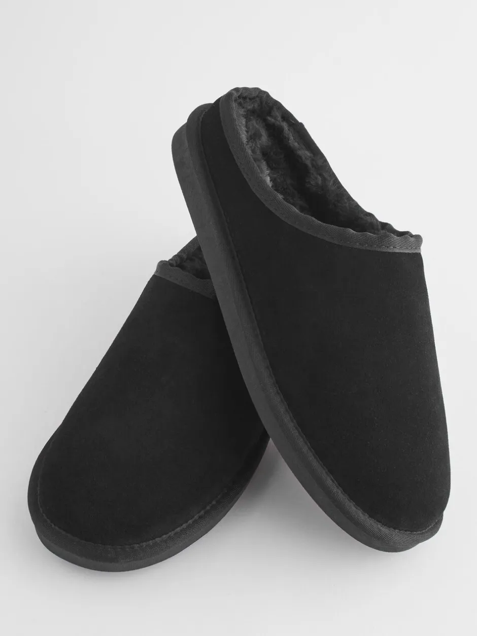 Pantoffels|Loungewear|Next - Met imitatiebont gevoerde Signature suède pantoffelmuiltjes Zwart
