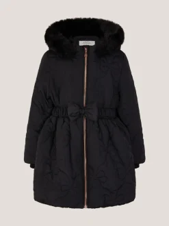 Jassen En Jacks|Monsoon - Faux Fur Hooded Bow Quilted Coat Zwart