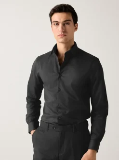Formele Overhemden|Shirts|Next Zwart - Normale Pasvorm - Onderhoudsvriendelijk, getextureerd, slim fit overhemd met enkele manchet