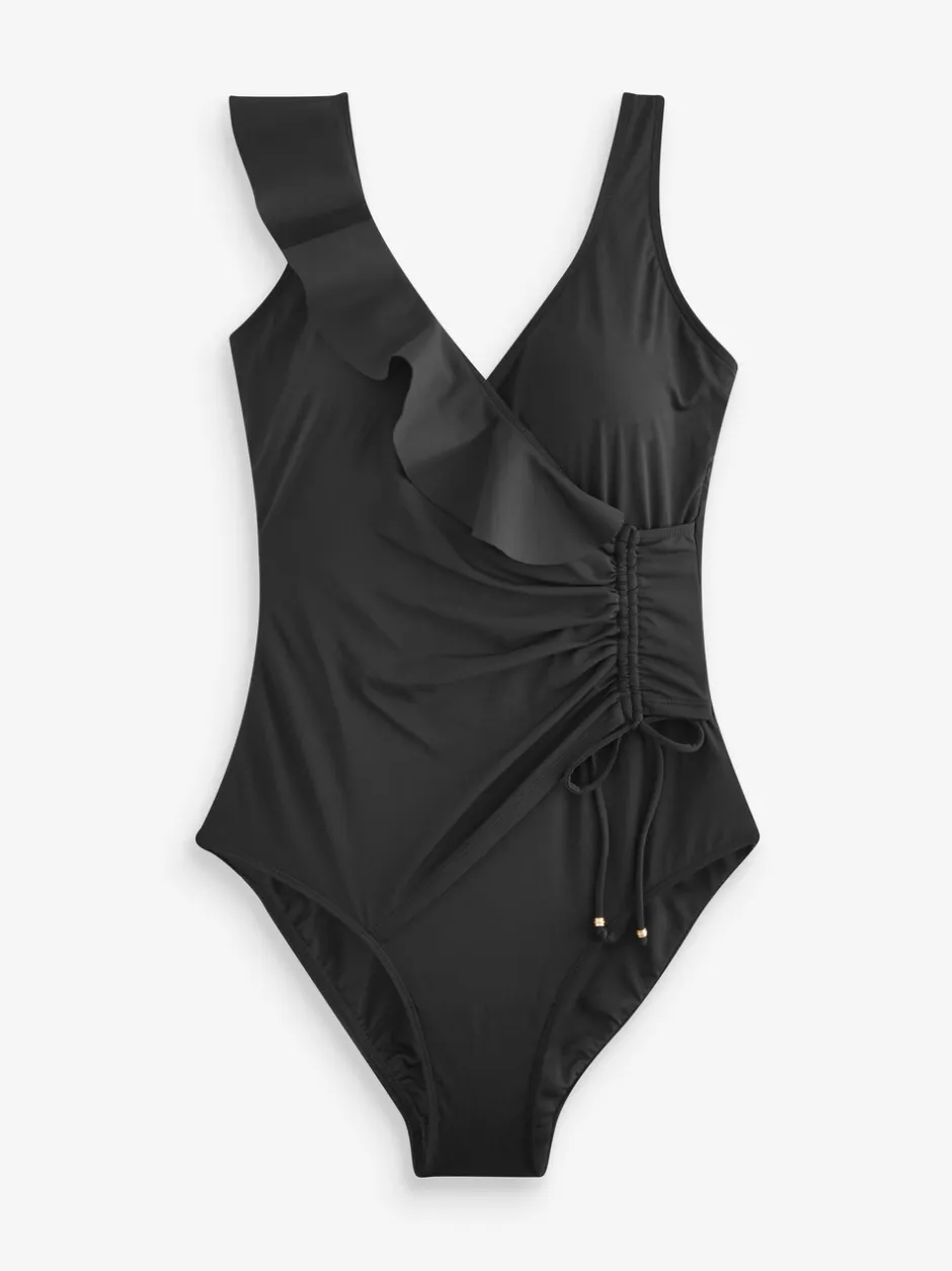 Badkleding|Next Zwart - Ondersteunend badpak met buikcorrigerend effect en ruches