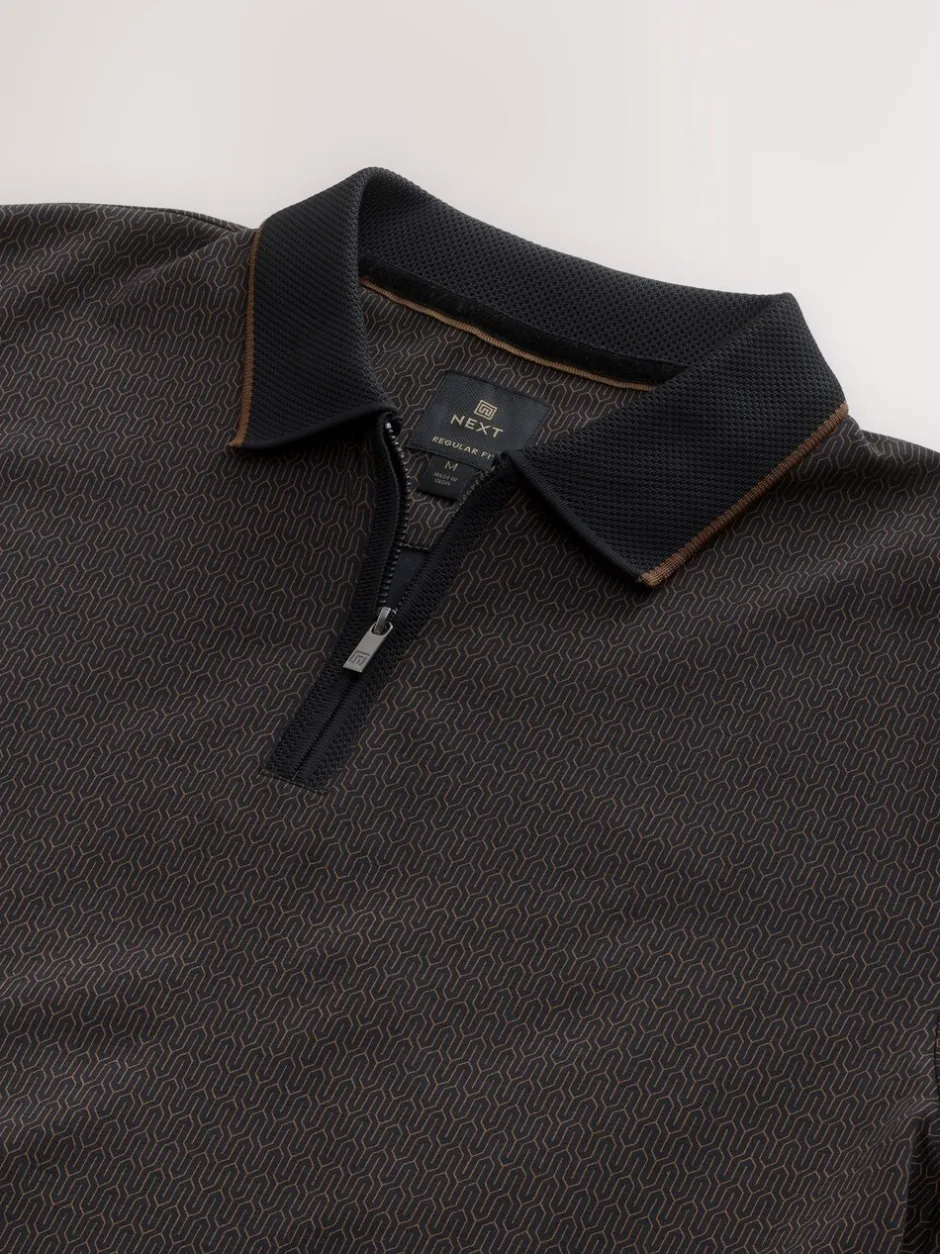 Poloshirts*Next - Pattern Quarter Zip Polo Shirt Zwart