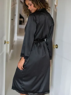 Badjassen*Pour Moi - Dusk Satin Kimono Sleeve Midi Gown Zwart