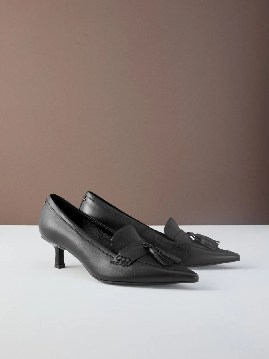 Schoenen Met Hakken|Next - Premium Leather With Motionflex Point Toe Tassel Heels Loafers Zwart