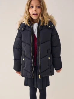 Schoolkleding|Jassen En Jacks|Next Zwart - Regenbestendige gewatteerde jas met imitatiebontrand (3 - 16 jr)