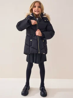 Schoolkleding|Jassen En Jacks|Next Zwart - Regenbestendige gewatteerde jas met imitatiebontrand (3 - 16 jr)