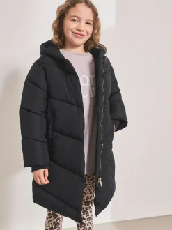 Schoolkleding|Jassen En Jacks|Next - Regenbestendige gewatteerde jas met capuchon en imitatiebontvoering (3 - 16 jr) Zwart