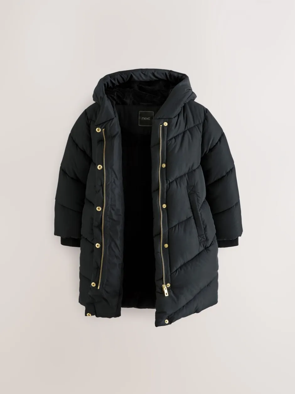 Schoolkleding|Jassen En Jacks|Next - Regenbestendige gewatteerde jas met capuchon en imitatiebontvoering (3 - 16 jr) Zwart