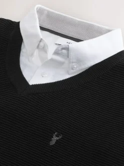 Gebreide Kleding*Next - Regular Fit getextureerde schijn-Oxford overhemdtrui Zwart