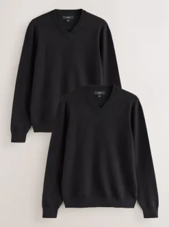 Gebreide Kleding*Next Zwart - Regular Fit Soft Touch V-Neck Jumpers 2 Pack