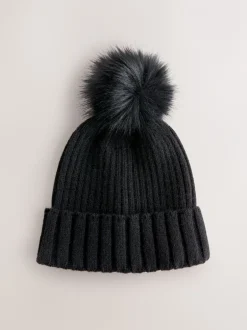 Mutsen, Handschoenen En Sjaals|Next Zwart - Rib Knit Pom Hat