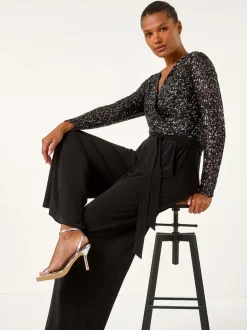 Jumpsuits En Playsuits*Roman - Pailletten wikkel V-hals stretchy Jumpsuit Zwart