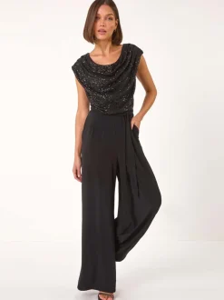Jumpsuits En Playsuits*Roman - Paillettenlijfje met Watervalhals Jumpsuit Zwart