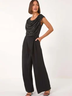 Jumpsuits En Playsuits*Roman - Paillettenlijfje met Watervalhals Jumpsuit Zwart