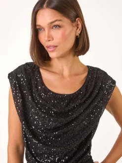 Jumpsuits En Playsuits*Roman - Paillettenlijfje met Watervalhals Jumpsuit Zwart
