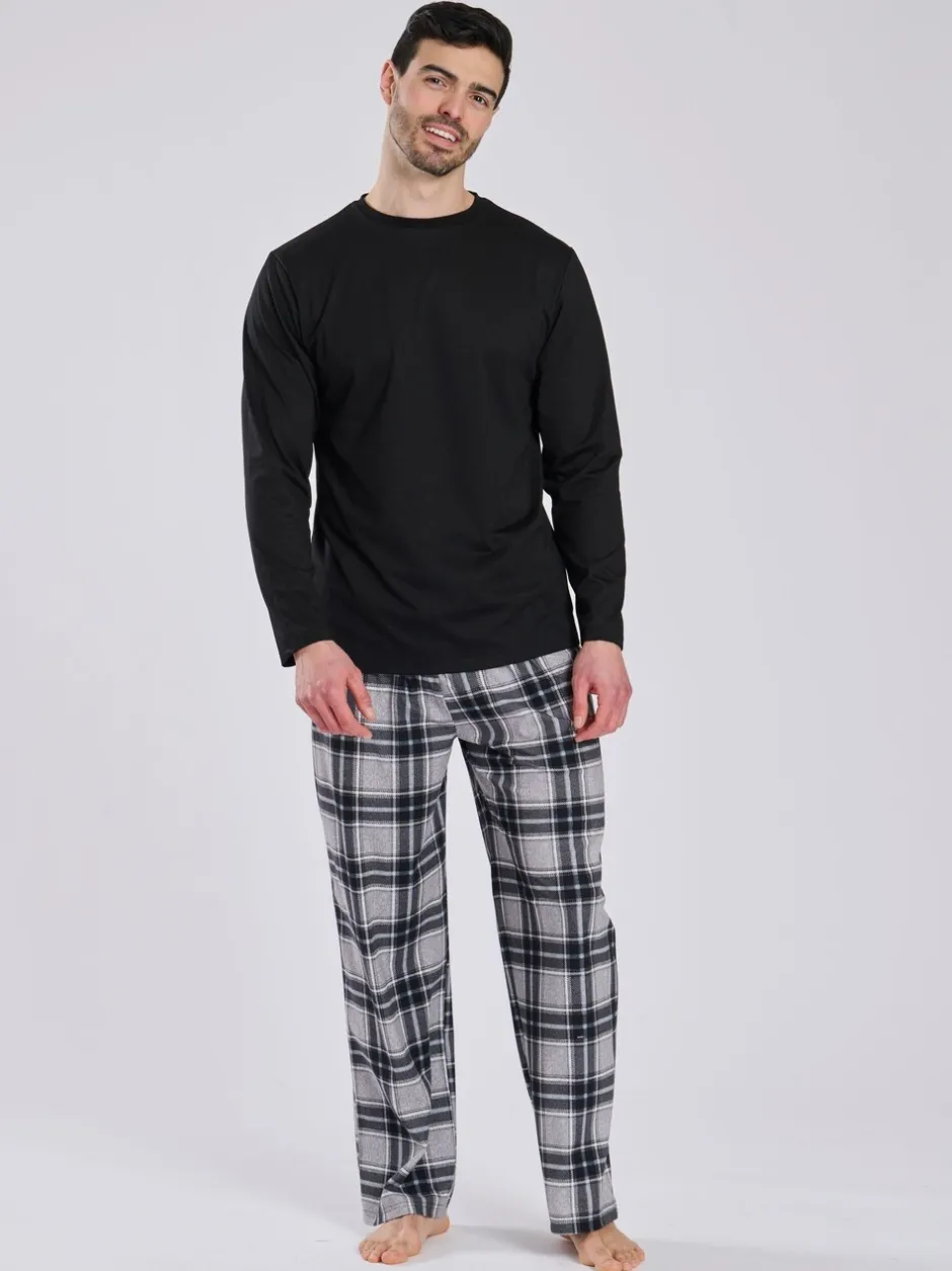 Pyjama's|Loungewear|Loungeable - Ronde hals - Jersey Microfleece Long Top And Check Trousers Pyjama Set Zwart